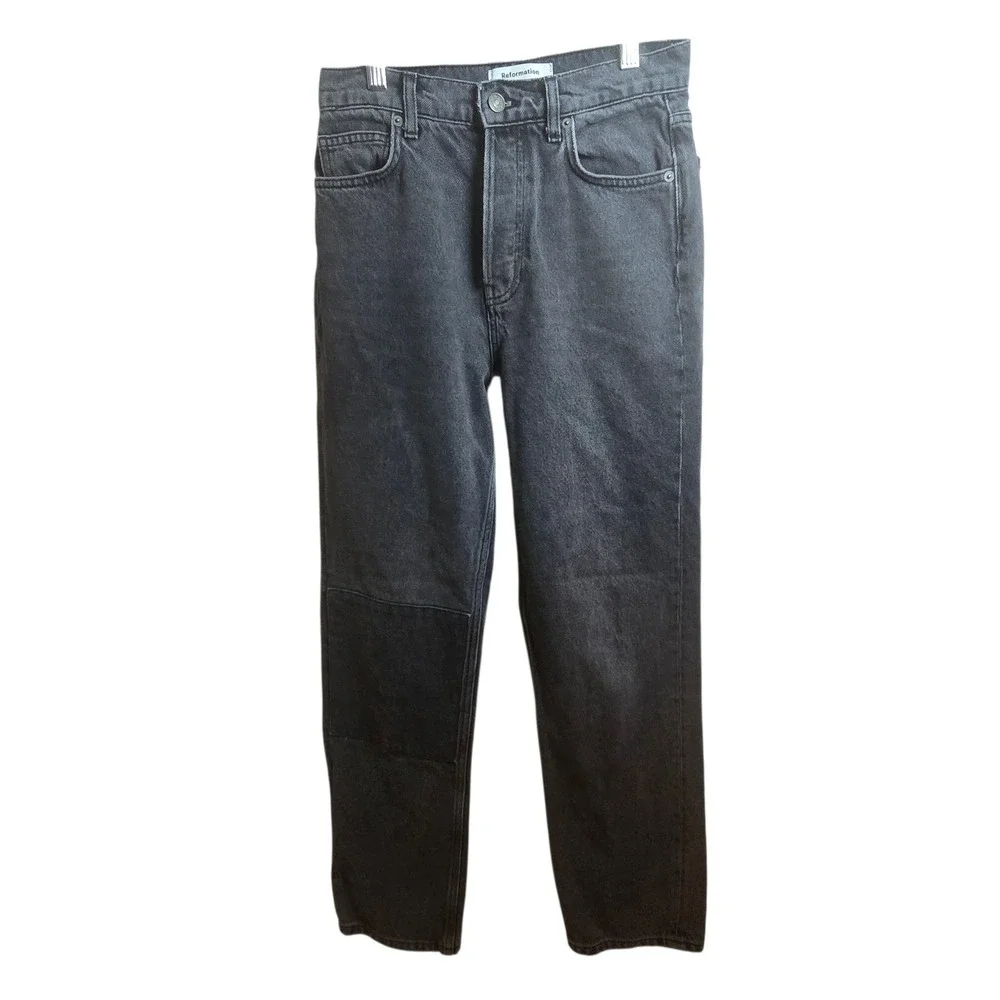 Reformation Cynthia High Rise‎ Straight Jeans Gray Patch Detail 26